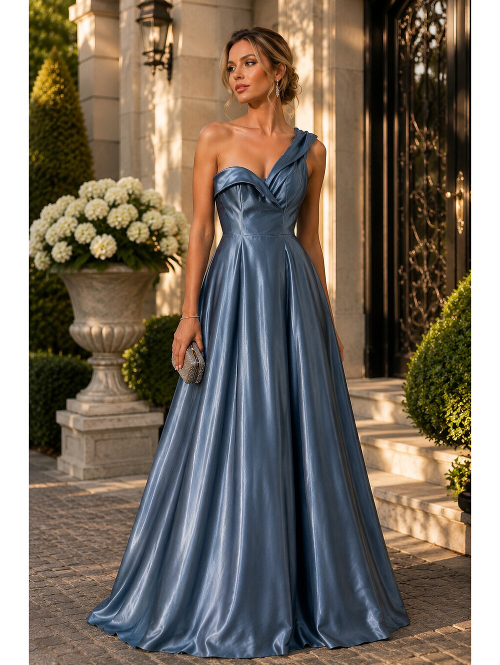 Empire-Waist Size 6 Dusty Blue Satin Long Prom Gown Off Shoulder Ball Formal